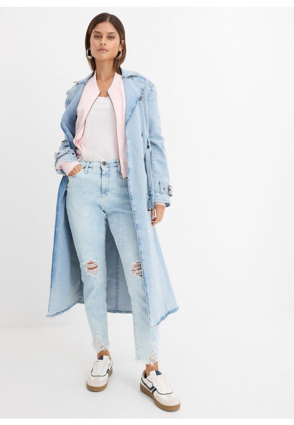 bonprix - Dżinsy Mom high waist z ozdobnymi przetarciami. Stan: podwyższony. Kolor: niebieski