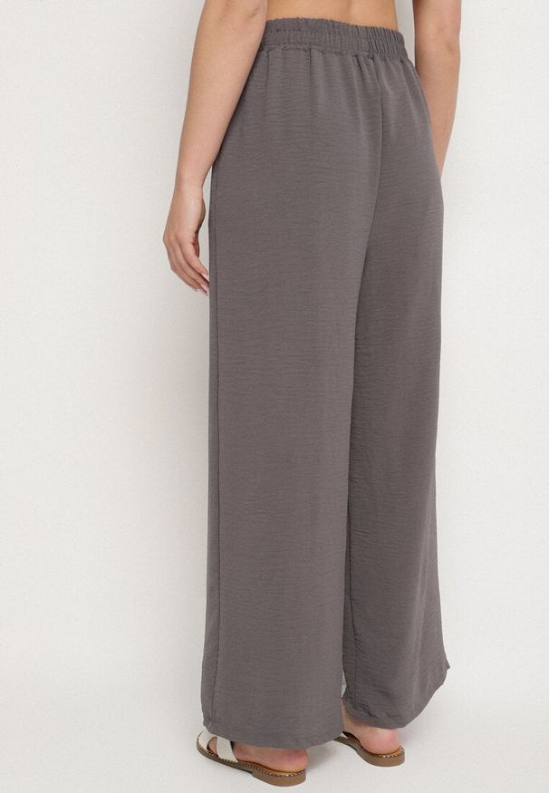 Born2be - Ciemnoszare Szerokie Spodnie z Wiskozą Wiązane w Pasie Zilenna. Okazja: na co dzień. Kolor: szary. Materiał: wiskoza. Styl: elegancki, klasyczny, casual