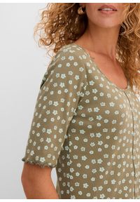 bonprix - Prążkowany T-shirt z kwiatowym nadrukiem, półdługie rękawy. Kolor: zielony. Materiał: prążkowany. Wzór: prążki, nadruk, kwiaty #2