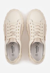 Born2be - Beżowo-Złote Sneakersy ze Skóry Naturalnej na Niskiej Platformie z Metalowymi Akcentami Rilmi. Okazja: na co dzień. Kolor: beżowy. Materiał: skóra. Obcas: na platformie #2
