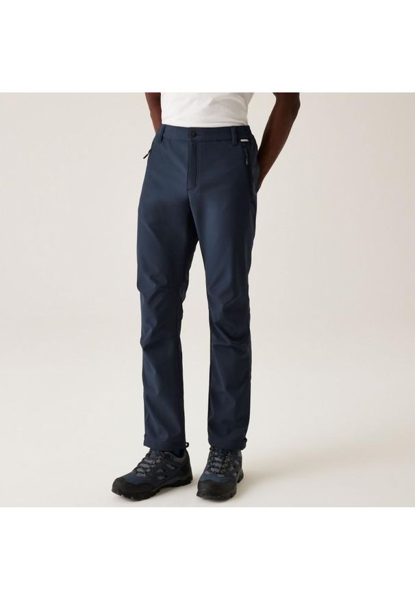 Regatta - Męskie spodnie softshellowe Geo II. Kolor: niebieski. Materiał: polar. Sezon: lato. Sport: turystyka piesza