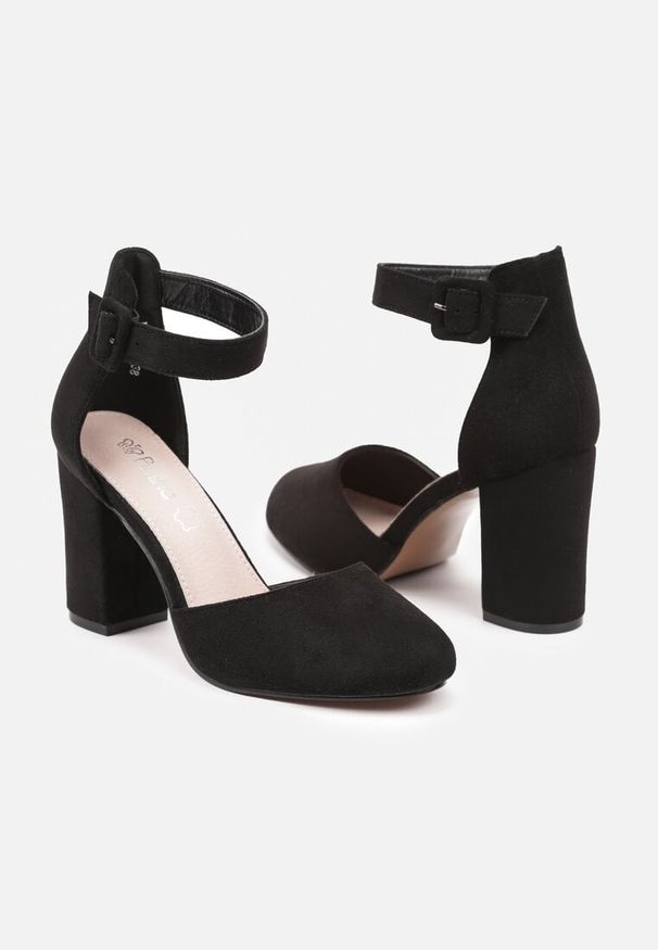 Renee - Czarne Czółenka na Obcasie Typu Słupek ze Skórzaną Wkładką i Paseczkiem Wokół Kostki Belandria. Okazja: na co dzień. Zapięcie: pasek. Kolor: czarny. Materiał: skóra. Obcas: na obcasie. Styl: casual, elegancki. Wysokość obcasa: średni