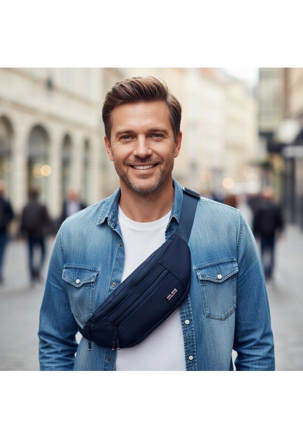 Męska Saszetka (Nerka) na Biodro - Pako Jeans - Granatowa. Kolor: niebieski. Materiał: poliester