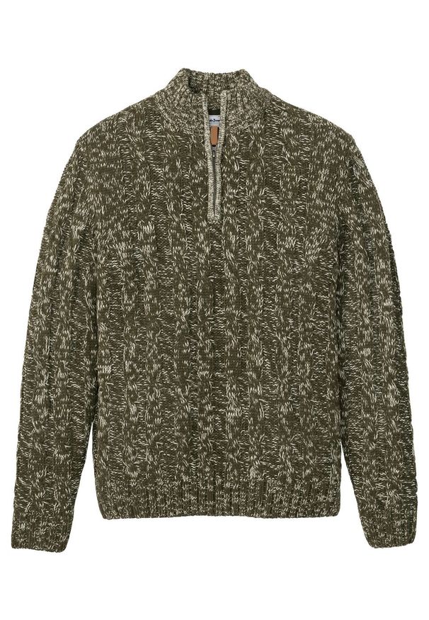 Sweter ze stójką z zamkiem bonprix ciemnooliwkowy melanż. Typ kołnierza: kołnierzyk stójkowy. Kolor: zielony. Wzór: melanż