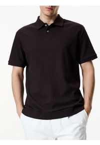 Reserved - Koszulka polo comfort w prążek - ciemnobrązowy. Typ kołnierza: polo. Kolor: brązowy. Materiał: bawełna, dzianina. Wzór: prążki
