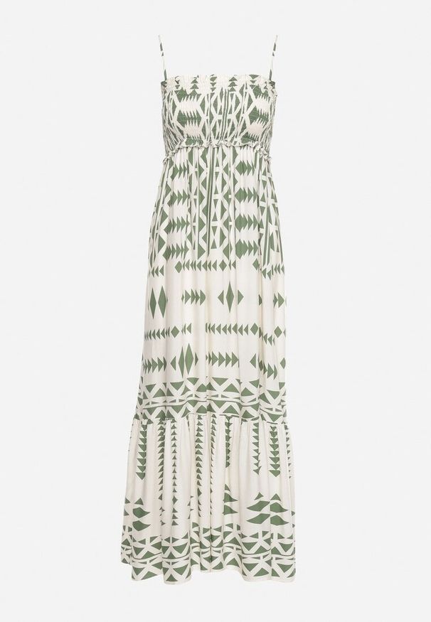 Born2be - Beżowo-Zielona Wiskozowa Marszczona Sukienka na Regulowanych Ramiączkach z Falbanką Dwalea. Okazja: na randkę, na spacer. Typ kołnierza: kołnierz z falbankami. Kolor: beżowy. Materiał: wiskoza. Długość rękawa: na ramiączkach. Sezon: lato. Styl: elegancki, klasyczny