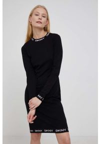 DKNY - Dkny sukienka kolor czarny mini dopasowana. Kolor: czarny. Materiał: dzianina. Długość rękawa: długi rękaw. Typ sukienki: dopasowane. Długość: mini