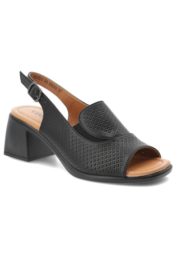 Sandały damskie Vinceza, cholewka ze skóry naturalnej licowej z perforacją odkryty przód elegancki fason na stabilnym obcasie, czarne, 66920. Okazja: na co dzień. Kolor: czarny. Materiał: skóra. Obcas: na obcasie. Styl: elegancki. Wysokość obcasa: średni