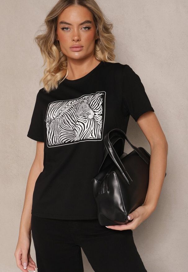 Renee - Czarny Bawełniany T-shirt Oversize z Nadrukiem Imitującym Zebrę Nalornis. Okazja: na co dzień. Kolor: czarny. Materiał: bawełna. Wzór: nadruk, motyw zwierzęcy. Styl: elegancki, casual