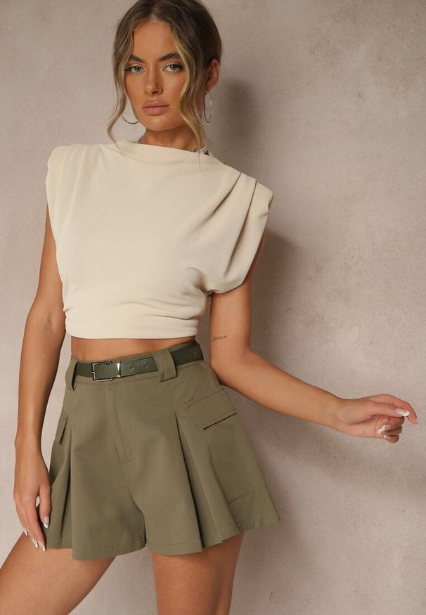 Renee - Zielone Szorty High Waist z Kieszeniami Typu Cargo Aloviane. Okazja: na spacer. Stan: podwyższony. Kolor: zielony. Wzór: aplikacja. Sezon: lato. Styl: elegancki