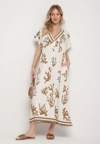 Born2be - Brązowo-Beżowa Sukienka z Lnem i Wiskozą o Pudełkowym Kroju Sadirene. Okazja: na co dzień, na spotkanie biznesowe. Kolor: brązowy. Materiał: len, wiskoza. Wzór: kwiaty. Sezon: wiosna, lato. Styl: biznesowy, casual, elegancki #5