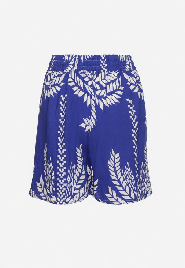 Born2be - Niebieskie Szorty z Wiskozy z Gumką w Talii Zdobione Roślinnym Wzorem Savairene. Okazja: na co dzień. Kolor: niebieski. Materiał: wiskoza. Wzór: aplikacja. Sezon: wiosna, lato. Styl: elegancki, casual