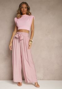 Renee - Różowe Wiskozowe Spodnie High Waist o Szerokim Kroju Aranisa. Okazja: na co dzień. Stan: podwyższony. Kolor: różowy. Materiał: wiskoza. Wzór: aplikacja. Styl: elegancki, casual