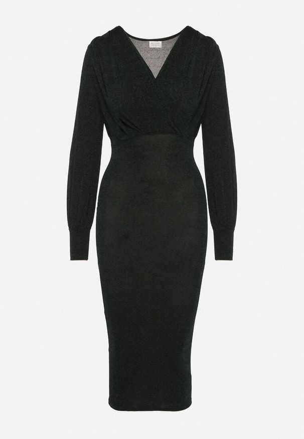 Born2be - Zielona Dopasowana Sukienka z Kopertowym Dekoltem i Bufiastymi Rękawami Ulonissa. Okazja: na imprezę. Typ kołnierza: dekolt w kształcie V. Kolor: zielony. Typ sukienki: kopertowe. Styl: klasyczny