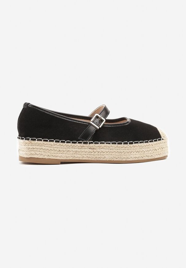Renee - Czarne Espadryle z Plecionką i Paskiem Fevolise. Okazja: na plażę, na spacer, na co dzień. Zapięcie: pasek. Kolor: czarny. Materiał: jeans. Sezon: lato. Obcas: na platformie. Styl: elegancki, casual
