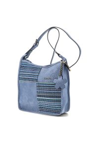 Torebka damska Laura Vita, z materiału syntetycznego z fakturowanym panelem regulowany pasek na ramię dekoracyjna zawieszka kompaktowa forma do codzi. Kolor: niebieski. Wzór: kwiaty, aplikacja. Materiał: z tłoczeniem. Styl: boho, casual. Rodzaj torebki: na ramię #4