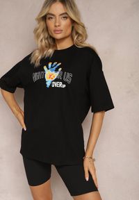 Renee - Czarny Bawełniany T-shirt z Nadrukami z Przodu i z Tyłu Dianara. Okazja: na co dzień. Kolor: czarny. Materiał: bawełna. Wzór: nadruk. Styl: casual