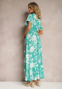 Renee - Jasnozielona Asymetryczna Sukienka Kopertowa z Gumką w Pasie i Kwiatowym Wzorem Aliraya. Kolor: zielony. Wzór: kwiaty. Typ sukienki: kopertowe, asymetryczne #3