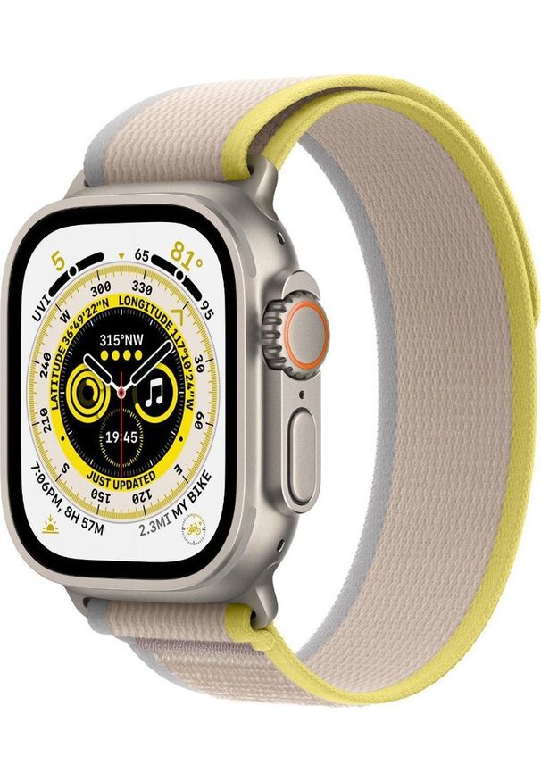 APPLE - Smartwatch Apple Watch Ultra GPS + Cellular 49mm Titanium Case Trail Loop Small/Medium Szaro-żółty (MNHK3WB/A). Rodzaj zegarka: smartwatch. Kolor: żółty, wielokolorowy, szary