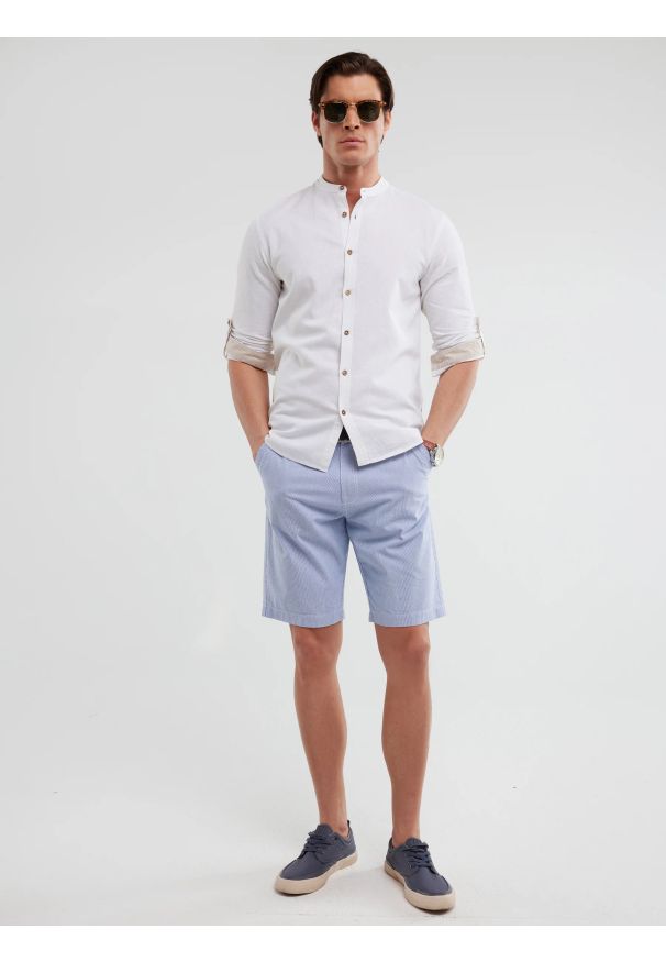 Big-Star - Szorty męskie bawełniane błękitne Gusto 401. Kolor: niebieski. Materiał: bawełna. Wzór: prążki. Styl: wakacyjny, klasyczny