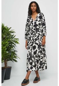 medicine - Medicine sukienka kolor beżowy maxi rozkloszowana. Kolor: beżowy. Materiał: tkanina. Typ sukienki: rozkloszowane. Długość: maxi #4