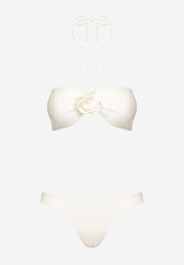 Born2be - Jasnobeżowe Bikini Góra z Paskami na Szyję i Kwiatami 3D z Dodatkową Spódniczką Renzi. Kolor: beżowy. Wzór: kwiaty