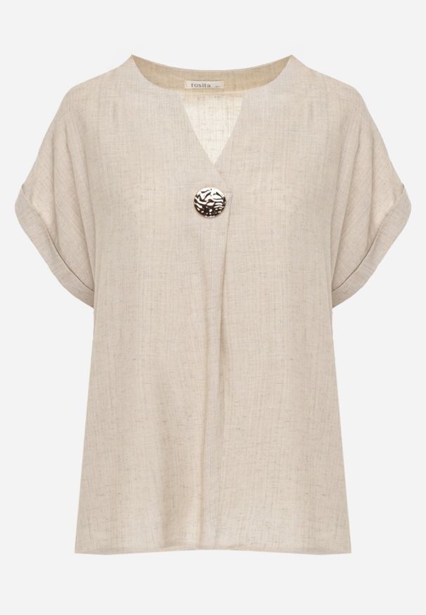 Born2be - Beżowa Nietoperzowa Bluzka z Krótkim Rękawem z Lnem i Wiskozą Isirtila. Okazja: do pracy, na co dzień. Kolor: beżowy. Materiał: wiskoza, len. Długość rękawa: krótki rękaw. Długość: krótkie. Sezon: lato. Styl: elegancki, klasyczny, casual