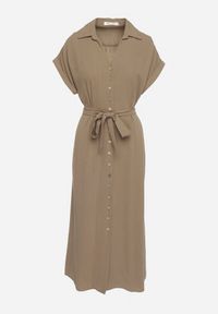 Born2be - Zielona Sukienka z Bawełny o Koszulowym Kroju z Wiązanym Paskiem Elanitiela. Okazja: na co dzień. Kolor: zielony. Materiał: bawełna. Długość rękawa: krótki rękaw. Typ sukienki: koszulowe. Styl: casual, elegancki #5