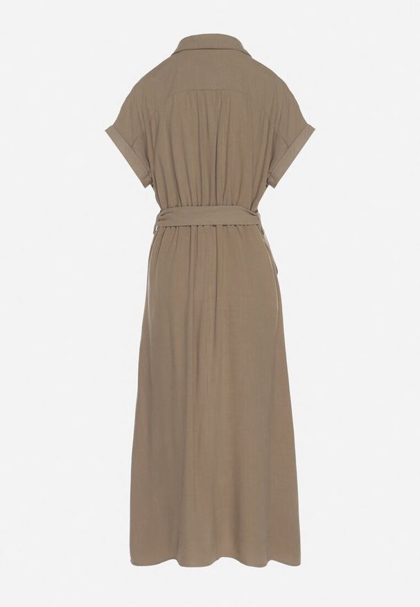 Born2be - Ciemnozielona Sukienka Koszulowa z Wiskozy i Lnu Wiązana w Talii z Kieszeniami Efrasira. Okazja: na co dzień. Kolor: zielony. Materiał: len, wiskoza. Typ sukienki: koszulowe. Styl: casual, elegancki