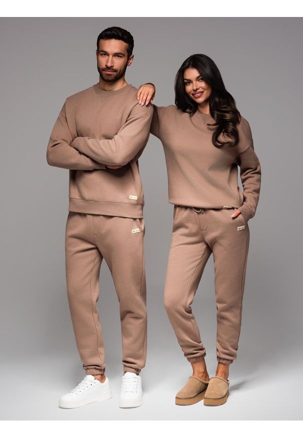 Ombre Clothing - Komplet dresowy UNISEX w stylu athleisure ze spodniami i bluzą - brązowy V16 - Rozmiar: XL/XXL. Okazja: do domu. Kolor: brązowy. Materiał: dresówka. Wzór: aplikacja