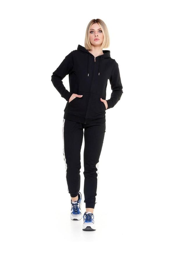 LEONE 1947 APPAREL - Błyszczący damski dres z kapturem i zamkiem błyskawicznym. Kolor: czarny. Materiał: dresówka. Sport: fitness