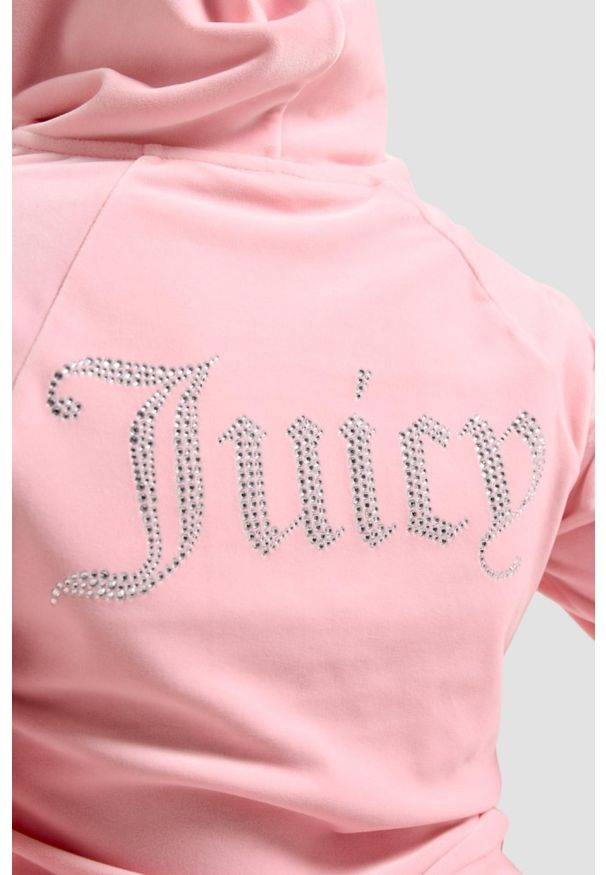 Juicy Couture - JUICY COUTURE Różowa damska bluza Madison Hoodie, Rozmiar M. Typ kołnierza: kaptur. Kolor: różowy. Materiał: poliester, elastan, materiał. Wzór: aplikacja. Styl: elegancki