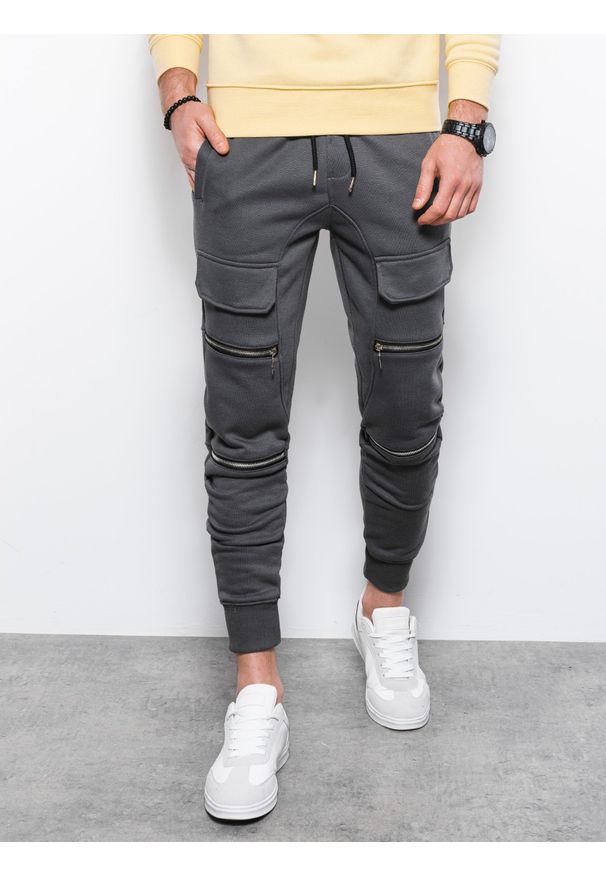 Ombre Clothing - Spodnie męskie dresowe joggery P901 - grafitowe - XXL. Kolor: szary. Materiał: dresówka