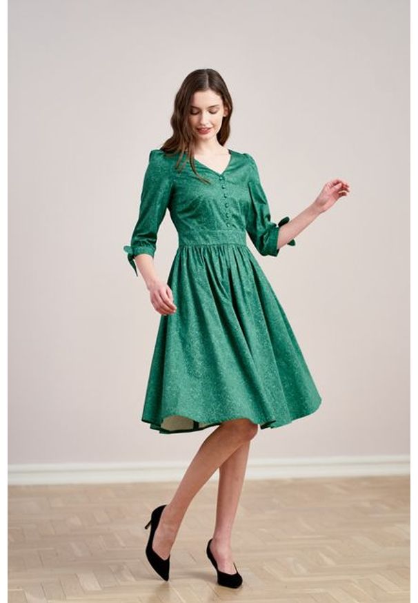 Marie Zélie - Sukienka Odette Idella zielona. Kolor: zielony. Materiał: bawełna, satyna, skóra, materiał