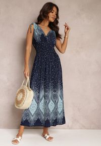 Renee - Granatowo-Niebieska Sukienka Maxi z Gumką w Talii i Ściągaczami na Ramionach Sayler. Okazja: na co dzień. Kolor: niebieski. Sezon: lato. Typ sukienki: proste. Styl: casual. Długość: maxi