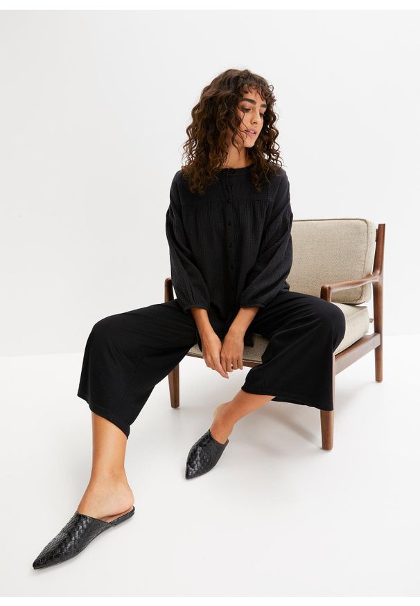 bonprix - Bluzka oversize z muślinu. Kolor: czarny. Materiał: bawełna