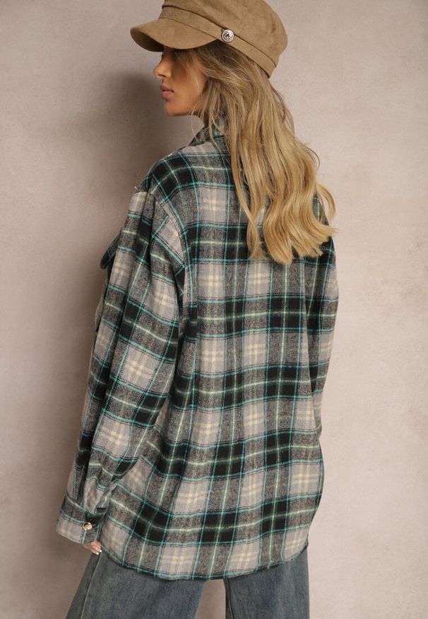 Renee - Zielona Oversize Koszula w Kratę z Kieszeniami na Klapy Kaithrea. Kolor: zielony