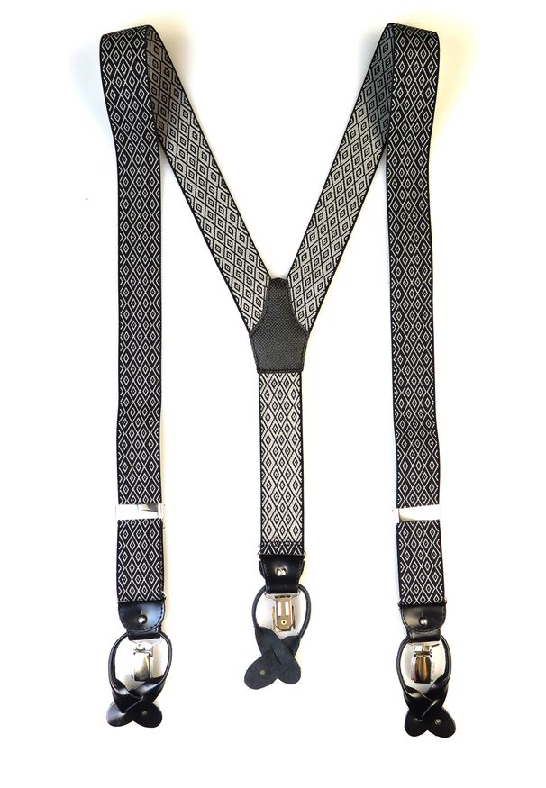 Modini - Czarne szelki na guziki - drobne białe romby G30. Kolor: wielokolorowy, czarny, biały. Materiał: skóra, guma