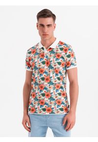 Ombre Clothing - Koszulka polo bawełniana z nadrukiem w kwiaty – biała V1 OM-POSS-0149 - XXL. Okazja: na co dzień. Typ kołnierza: polo. Kolor: biały. Materiał: bawełna. Wzór: kwiaty, nadruk. Sezon: lato. Styl: wakacyjny, elegancki, casual