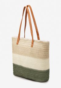 Born2be - Beżowo-Zielona Torebka Tote w Stylu Boho z Plecionki na Suwak Rin. Kolor: zielony. Sezon: lato. Styl: boho #3