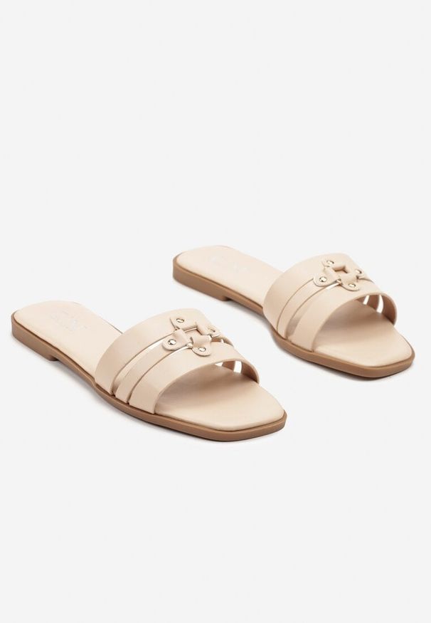 Born2be - Beżowe Eleganckie Klapki w Minimalistycznym Stylu z Ozdobną Aplikacją Galisse. Okazja: na co dzień. Kolor: beżowy. Materiał: jeans. Wzór: aplikacja. Obcas: na płaskiej podeszwie. Styl: elegancki