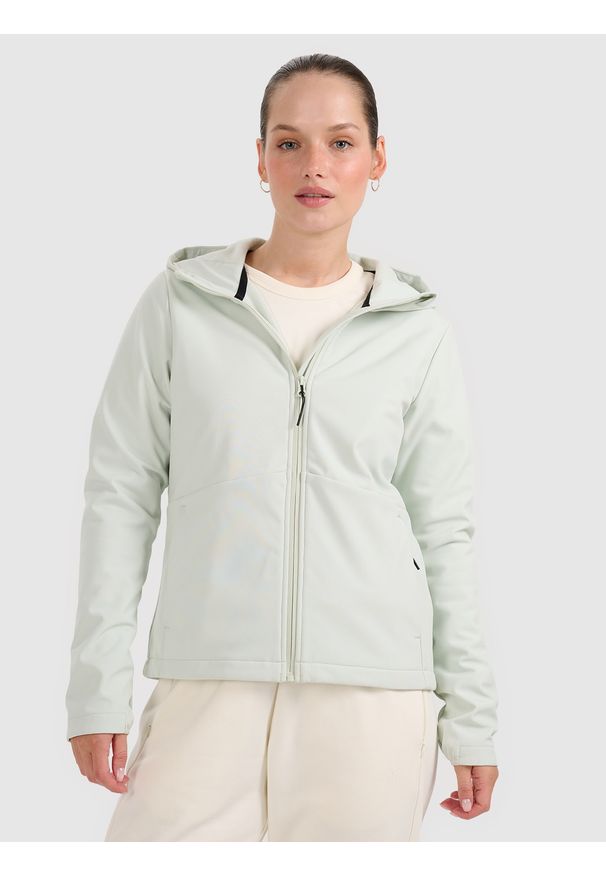 4f - 4F Kurtka softshell wiatroodporna membrana 5000 damska - turkusowa L. Typ kołnierza: kaptur. Kolor: turkusowy. Materiał: softshell. Technologia: Windstopper. Sezon: zima