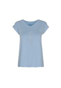 Ochnik - Jasnoniebieski T-shirt damski z aplikacją. Kolor: niebieski. Materiał: wiskoza. Długość: krótkie. Wzór: aplikacja. Styl: elegancki