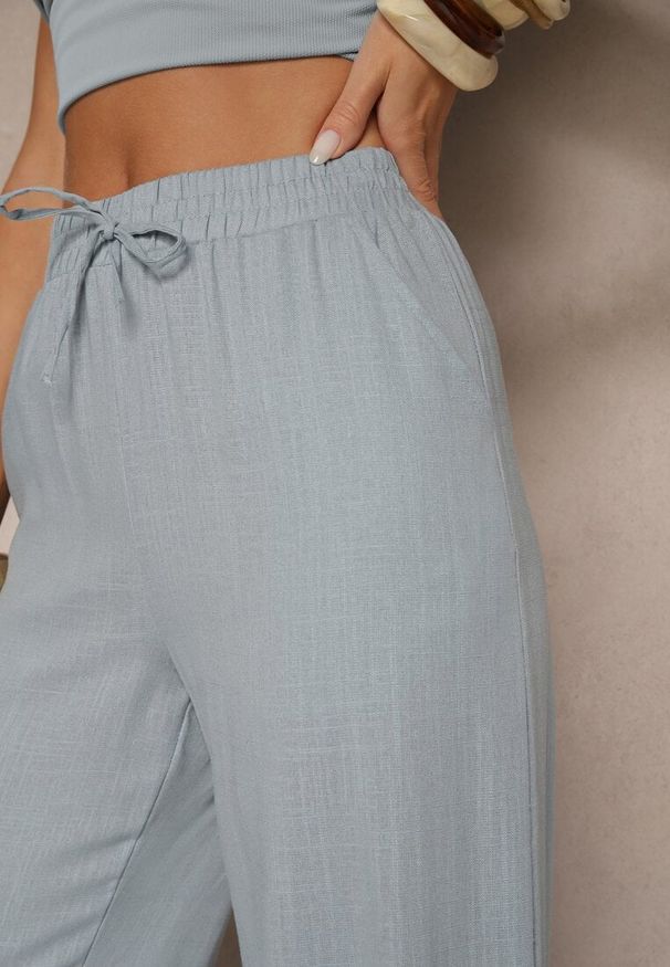 Renee - Niebieskie Spodnie z Lnem o Szerokim Kroju z Gumką w Talii Filarive. Okazja: na co dzień. Kolor: niebieski. Materiał: len. Sezon: lato, wiosna. Styl: elegancki, casual