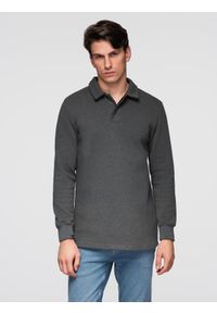 Ombre Clothing - Bluza męska z kołnierzykiem polo ze strukturalnej dzianiny - grafitowy melanż V1 - Rozmiar: L. Typ kołnierza: polo. Kolor: szary. Materiał: dzianina. Wzór: melanż #1