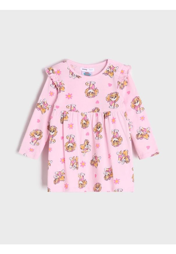 Sinsay - Sukienka PAW Patrol - różowy. Typ kołnierza: kołnierz z falbankami. Kolor: różowy. Materiał: bawełna. Długość rękawa: długi rękaw. Wzór: motyw z bajki. Typ sukienki: rozkloszowane