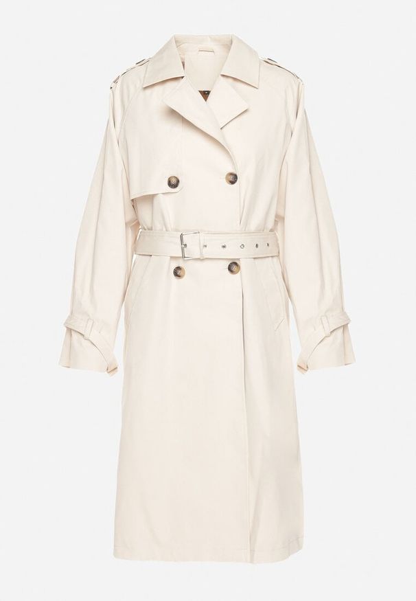 Born2be - Jasnobeżowy Płaszcz Dwurzędowy Trencz Ozdobiony Paskiem i Pagonami Malwissa. Okazja: na co dzień. Kolor: beżowy. Materiał: jeans. Wzór: aplikacja. Sezon: jesień, wiosna. Styl: elegancki, casual