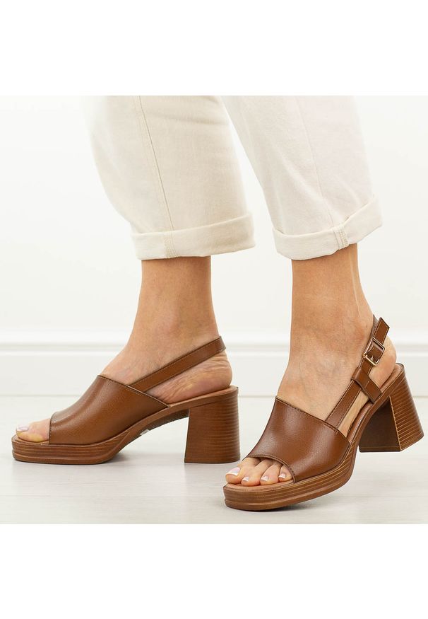 POTOCKI - Brązowe sandały damskie na słupku Potocki 54324. Okazja: na co dzień, na randkę, na spotkanie biznesowe, do pracy, na imprezę. Kolor: brązowy. Materiał: skóra. Sezon: wiosna, lato. Obcas: na słupku. Styl: casual, biznesowy, elegancki, klasyczny