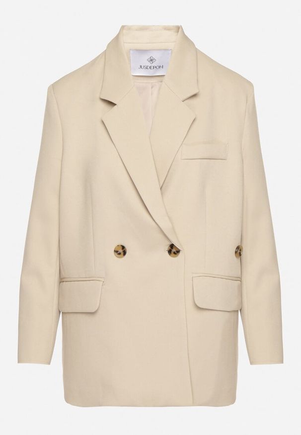 Born2be - Jasnobeżowa Dwurzędowa Marynarka o Pudełkowym Kroju Oversize z Dodatkowym Guzikiem Paselira. Okazja: na co dzień. Kolor: beżowy. Materiał: jeans. Styl: casual, elegancki