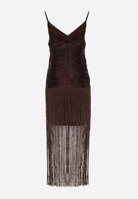 Renee - Brązowa Sukienka Koktajlowa na Ramiączkach Zdobiona Frędzlami Wilinsia. Okazja: na wesele, na imprezę, na ślub cywilny. Kolor: brązowy. Długość rękawa: na ramiączkach. Wzór: aplikacja. Styl: wizytowy #4